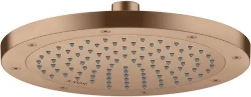 Duschkopf von AXOR in brushed red gold mit kreisförmigem Design und mehreren Düsen für Wasserauslass.
